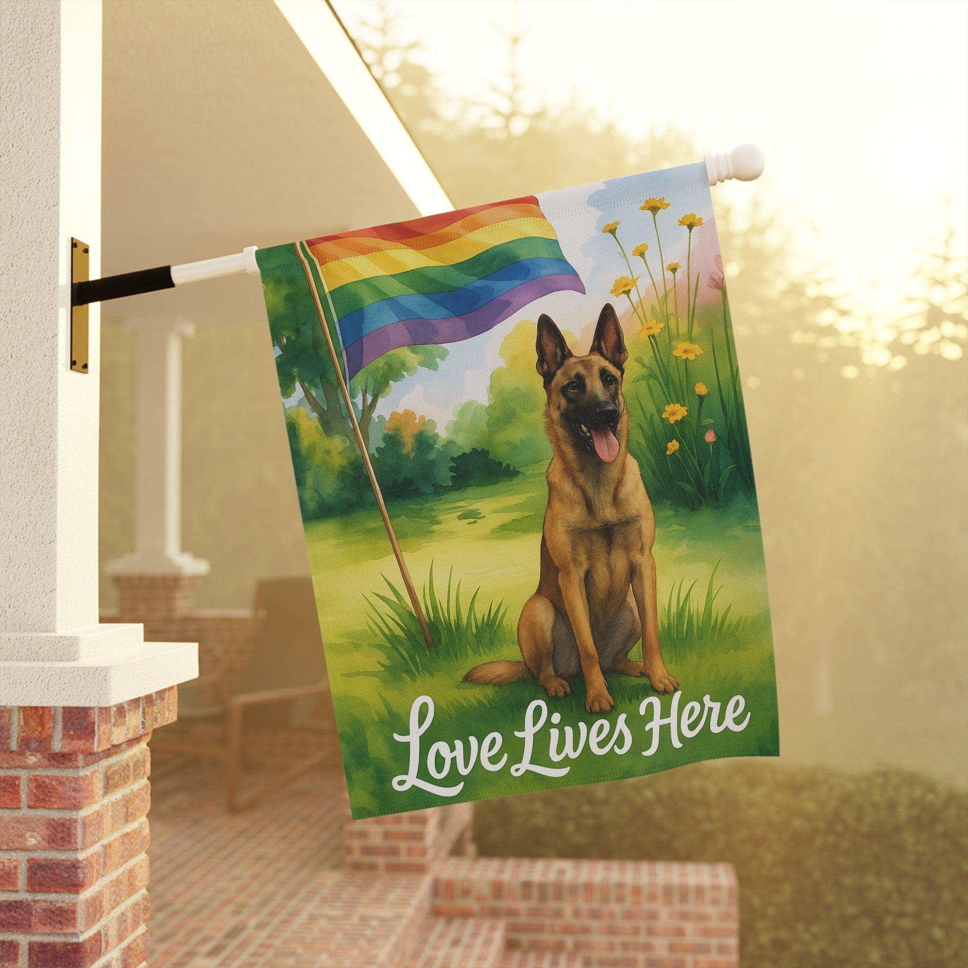 Printify Home Decor Garden Flag, LGBTQ+ Pride Belgian Malinois Dog Banner, Ally Love, Rainbow Decor