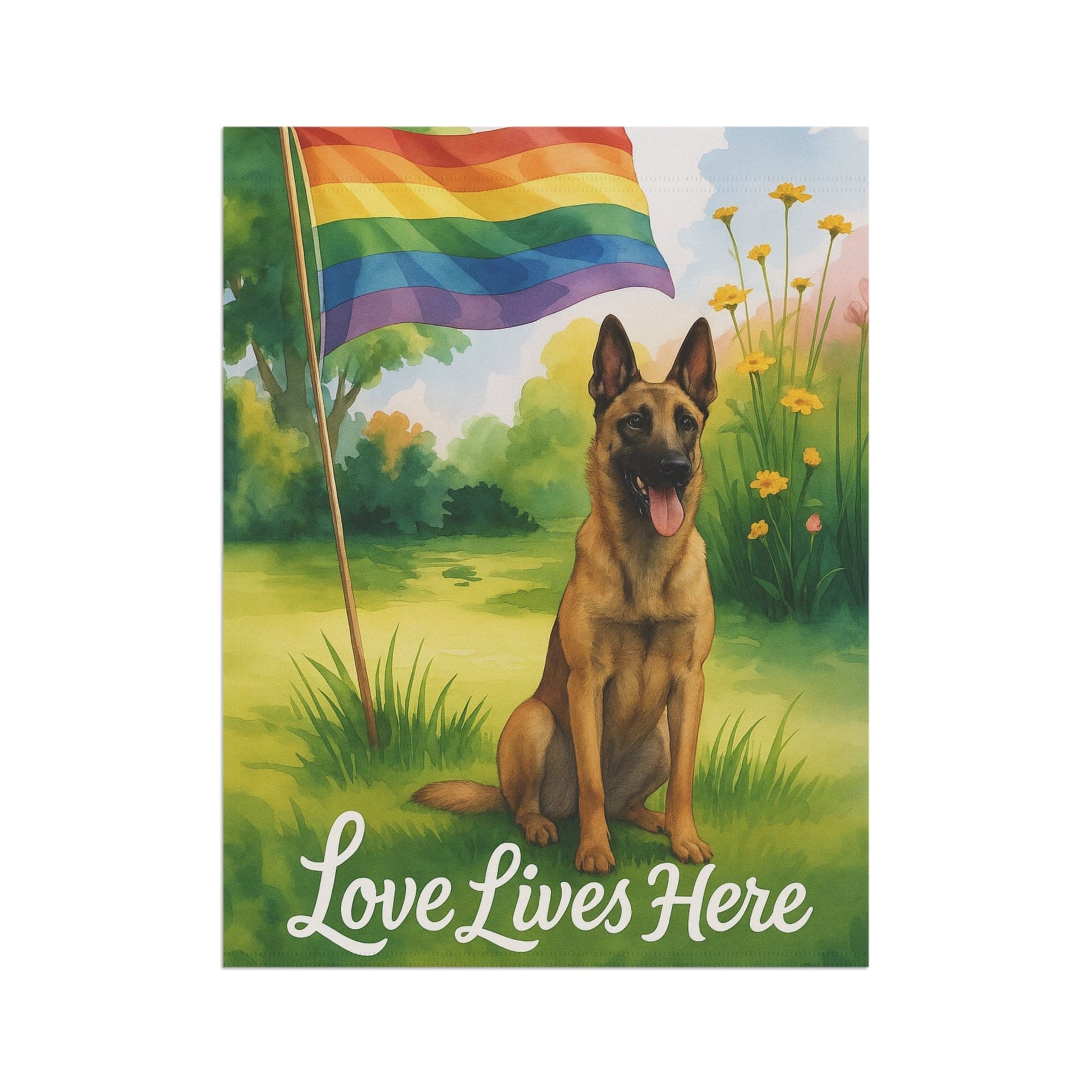 Printify Home Decor Garden Flag, LGBTQ+ Pride Belgian Malinois Dog Banner, Ally Love, Rainbow Decor