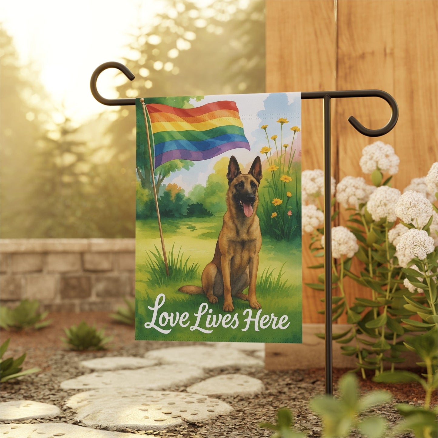 Printify Home Decor Garden Flag, LGBTQ+ Pride Belgian Malinois Dog Banner, Ally Love, Rainbow Decor