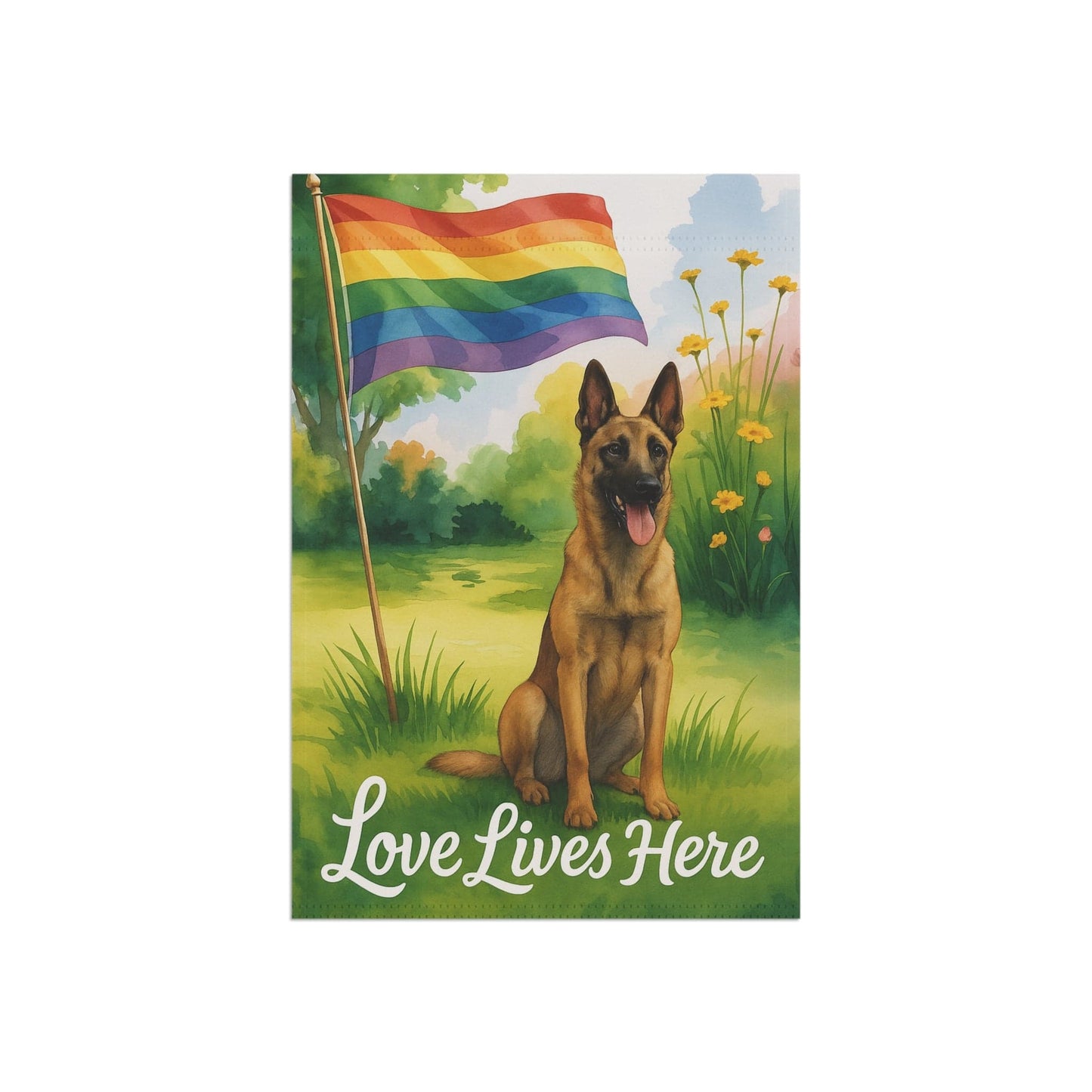 Printify Home Decor Garden Flag, LGBTQ+ Pride Belgian Malinois Dog Banner, Ally Love, Rainbow Decor