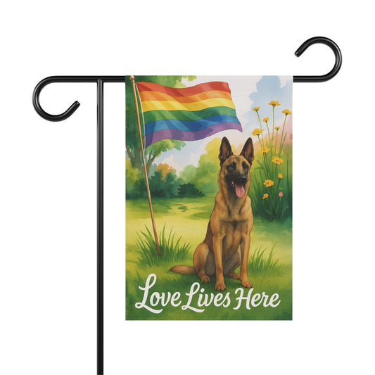 Printify Home Decor 12'' × 18'' Garden Flag, LGBTQ+ Pride Belgian Malinois Dog Banner, Ally Love, Rainbow Decor