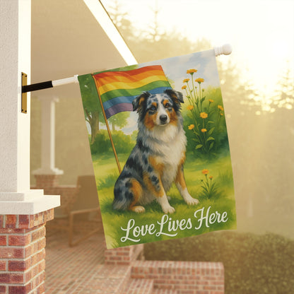Printify Home Decor Garden Flag, LGBTQ+ Pride Merle Australian Shepherd Banner, Ally Love, Rainbow Decor, House Decoration