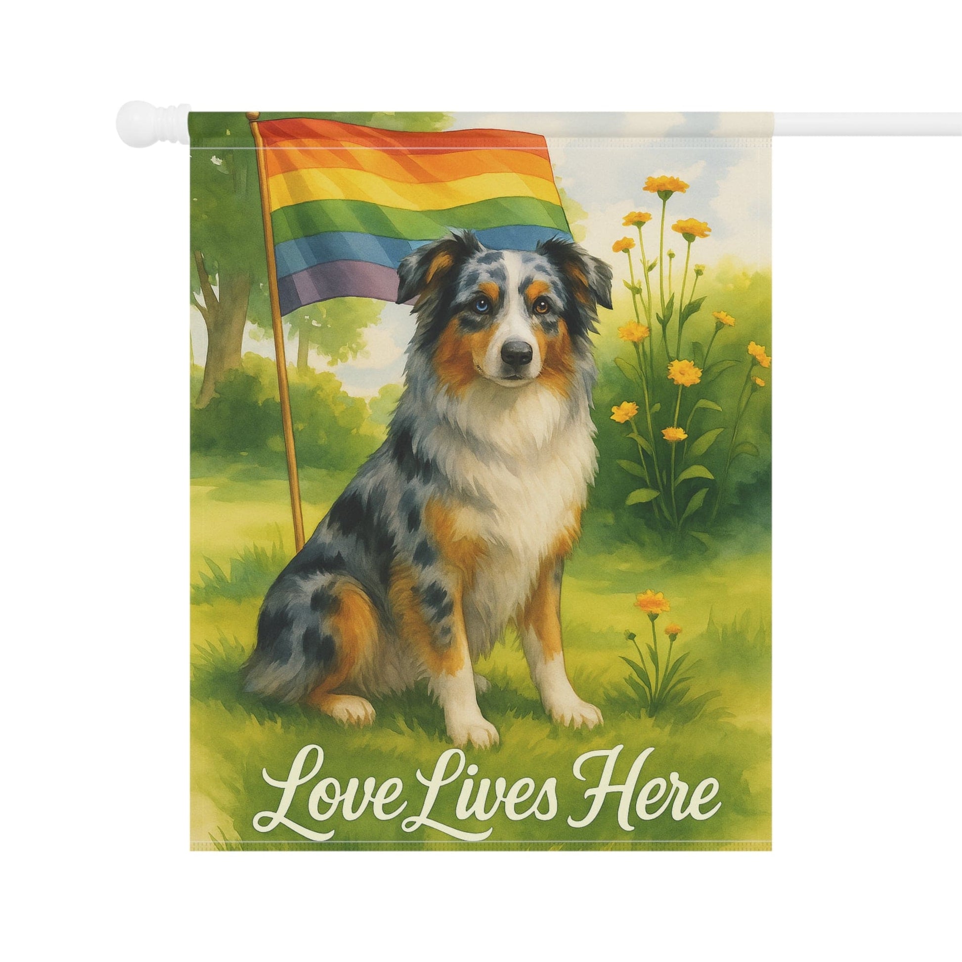 Printify Home Decor Garden Flag, LGBTQ+ Pride Merle Australian Shepherd Banner, Ally Love, Rainbow Decor, House Decoration