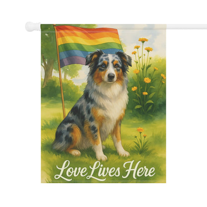 Printify Home Decor Garden Flag, LGBTQ+ Pride Merle Australian Shepherd Banner, Ally Love, Rainbow Decor, House Decoration