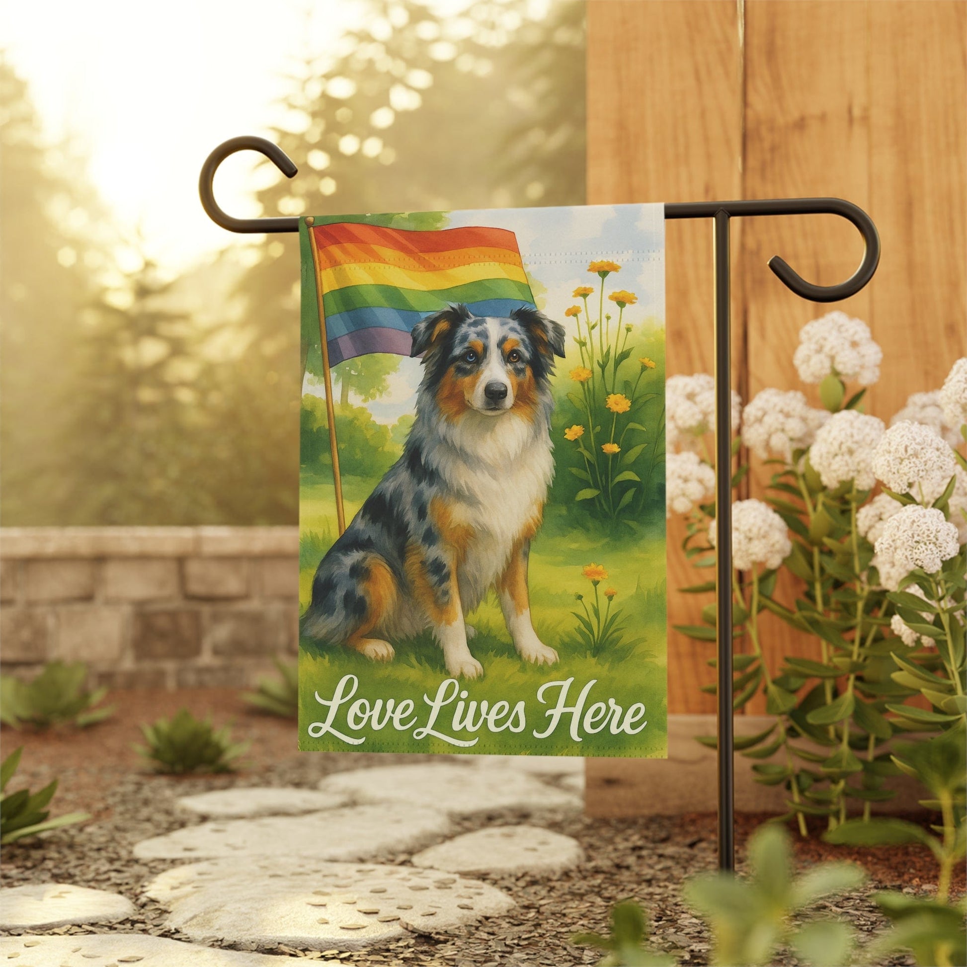 Printify Home Decor Garden Flag, LGBTQ+ Pride Merle Australian Shepherd Banner, Ally Love, Rainbow Decor, House Decoration