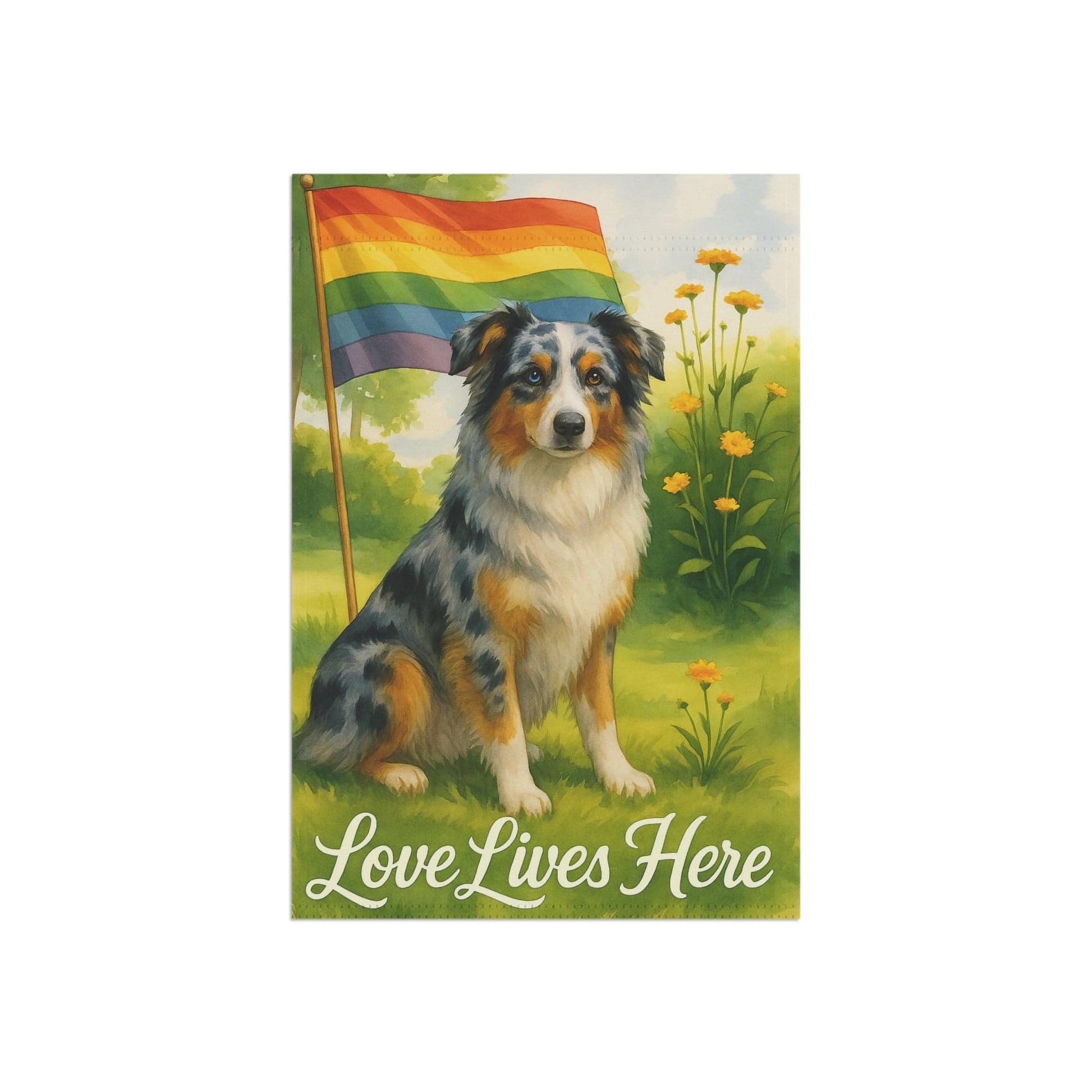 Printify Home Decor Garden Flag, LGBTQ+ Pride Merle Australian Shepherd Banner, Ally Love, Rainbow Decor, House Decoration