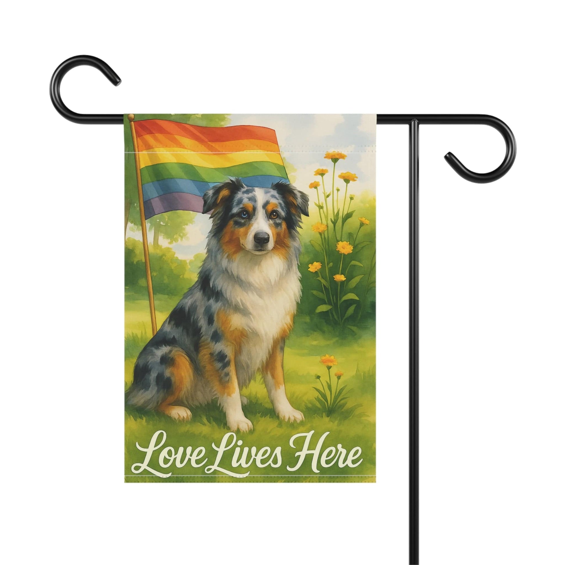 Printify Home Decor Garden Flag, LGBTQ+ Pride Merle Australian Shepherd Banner, Ally Love, Rainbow Decor, House Decoration