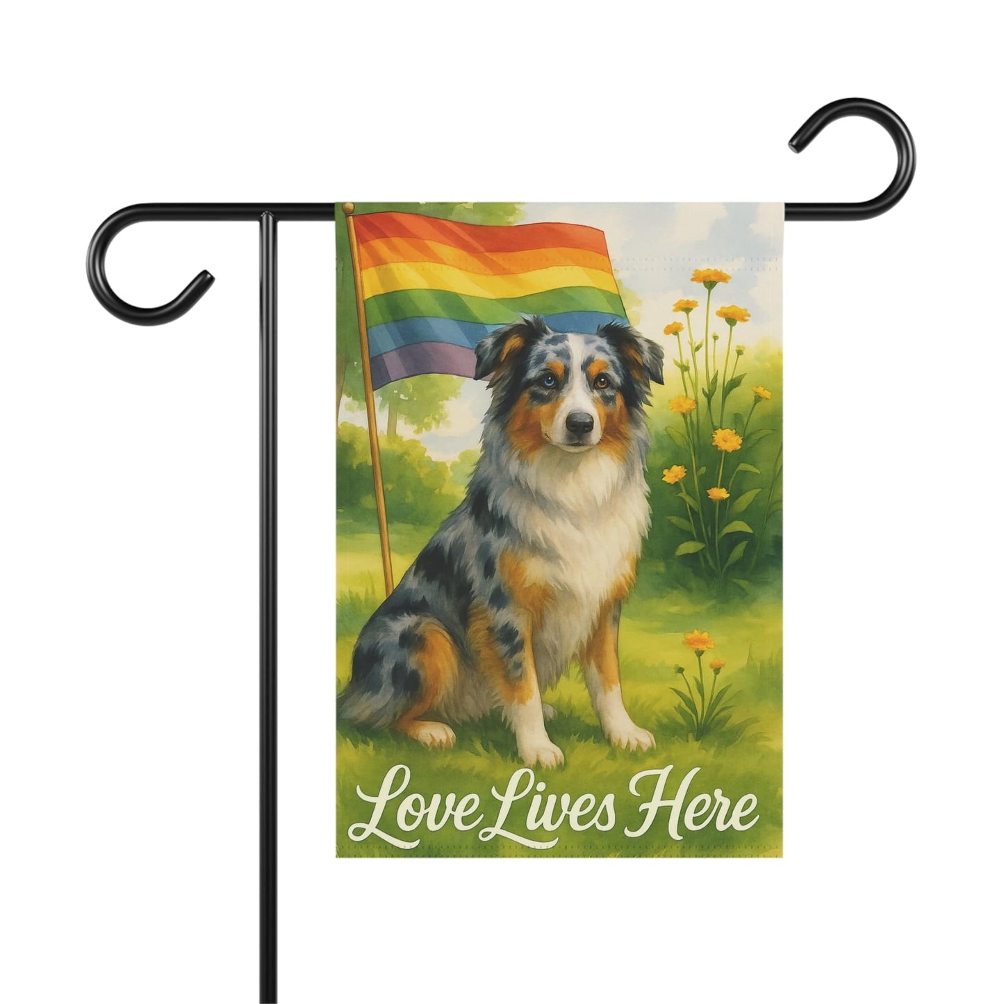 Printify Home Decor 12'' × 18'' Garden Flag, LGBTQ+ Pride Merle Australian Shepherd Banner, Ally Love, Rainbow Decor, House Decoration