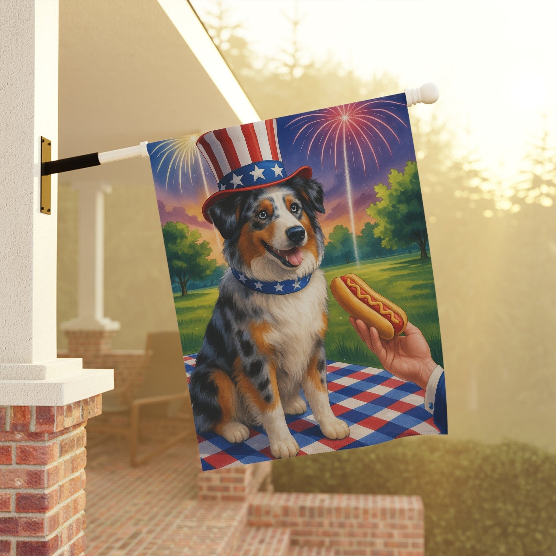 Printify Home Decor Garden Flag, Merle Australian Shepherd 4th of July Yard Decor, Hot Dog Independence Day America