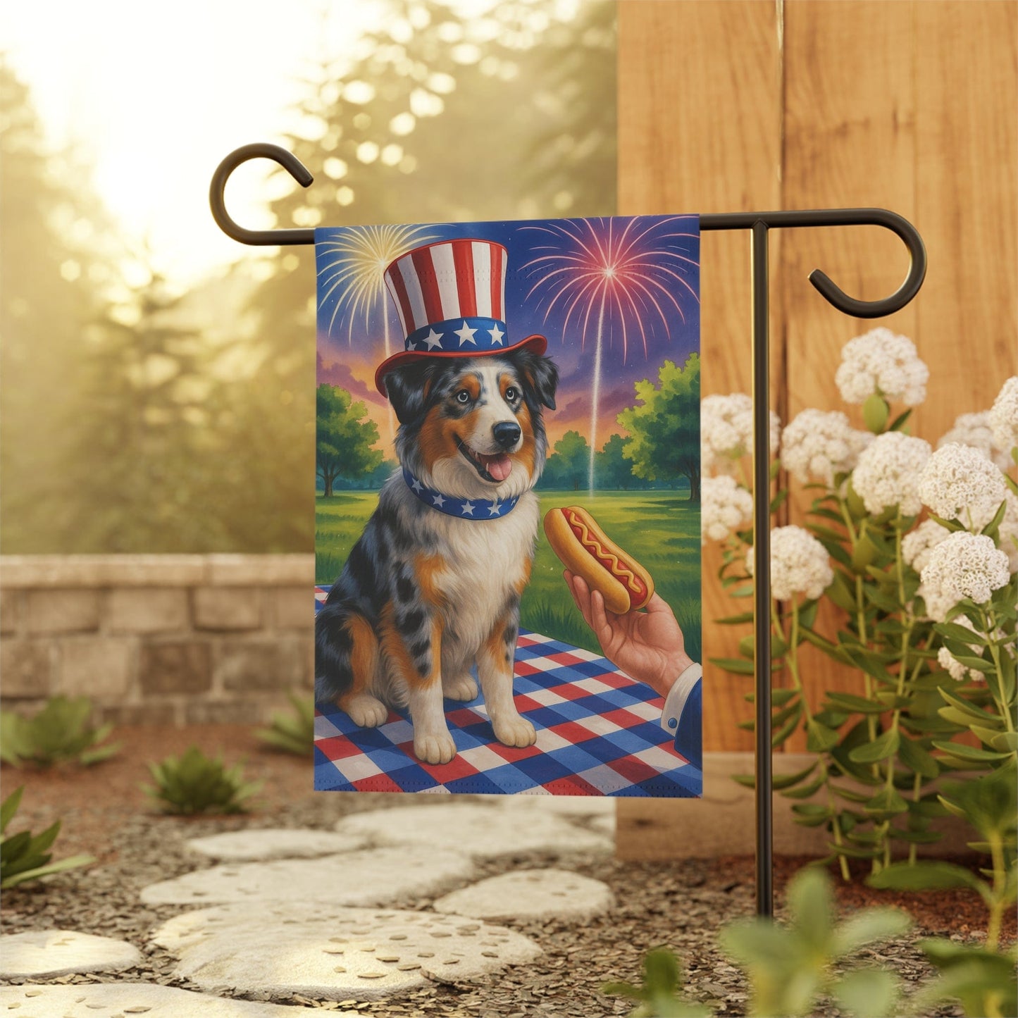 Printify Home Decor Garden Flag, Merle Australian Shepherd 4th of July Yard Decor, Hot Dog Independence Day America