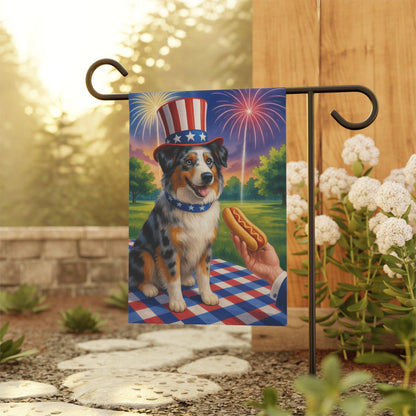 Printify Home Decor Garden Flag, Merle Australian Shepherd 4th of July Yard Decor, Hot Dog Independence Day America