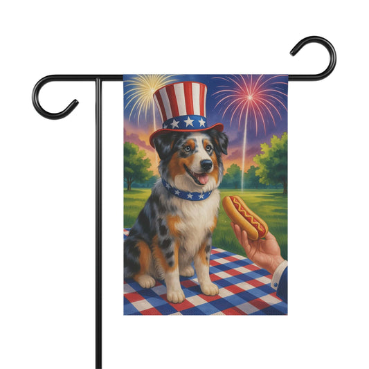 Printify Home Decor 12'' × 18'' Garden Flag, Merle Australian Shepherd 4th of July Yard Decor, Hot Dog Independence Day America