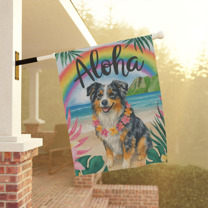Printify Home Decor Garden Flag, Merle Australian Shepherd Aloha Luau Party Decor, Tropical Hawaiian Beach Scene, Gardener Gift
