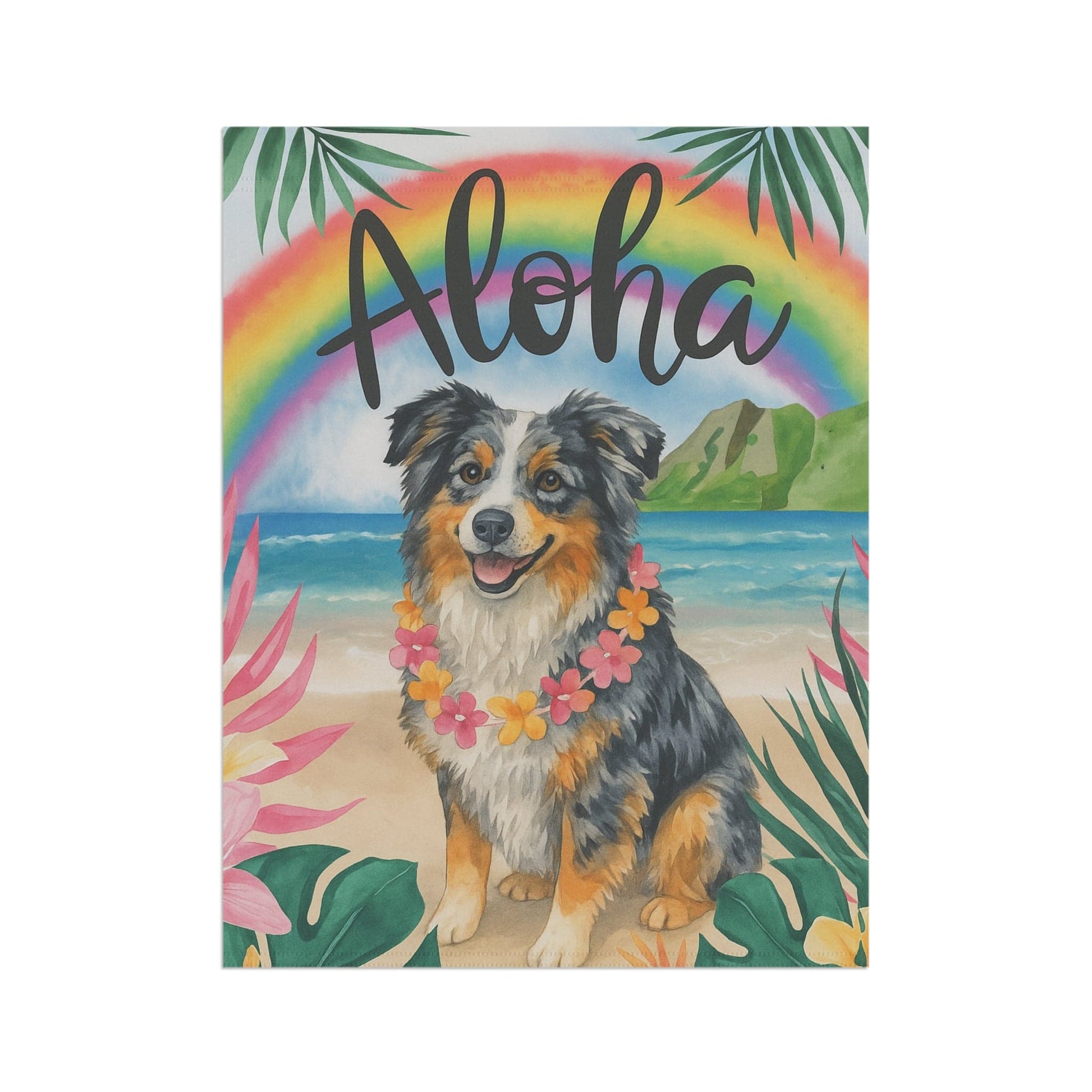 Printify Home Decor Garden Flag, Merle Australian Shepherd Aloha Luau Party Decor, Tropical Hawaiian Beach Scene, Gardener Gift