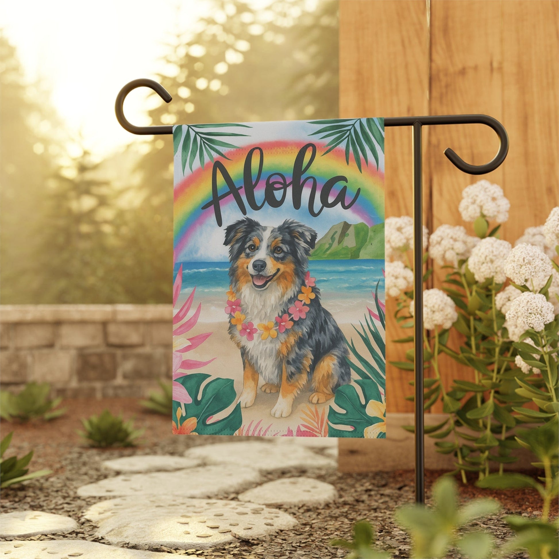 Printify Home Decor Garden Flag, Merle Australian Shepherd Aloha Luau Party Decor, Tropical Hawaiian Beach Scene, Gardener Gift