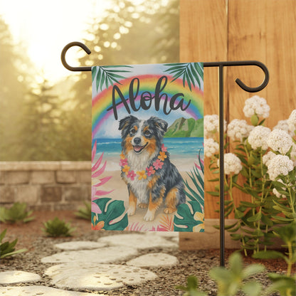 Printify Home Decor Garden Flag, Merle Australian Shepherd Aloha Luau Party Decor, Tropical Hawaiian Beach Scene, Gardener Gift