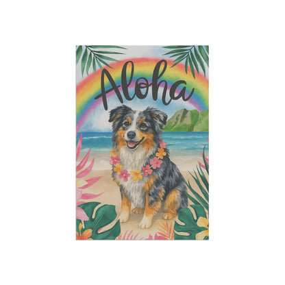 Printify Home Decor Garden Flag, Merle Australian Shepherd Aloha Luau Party Decor, Tropical Hawaiian Beach Scene, Gardener Gift