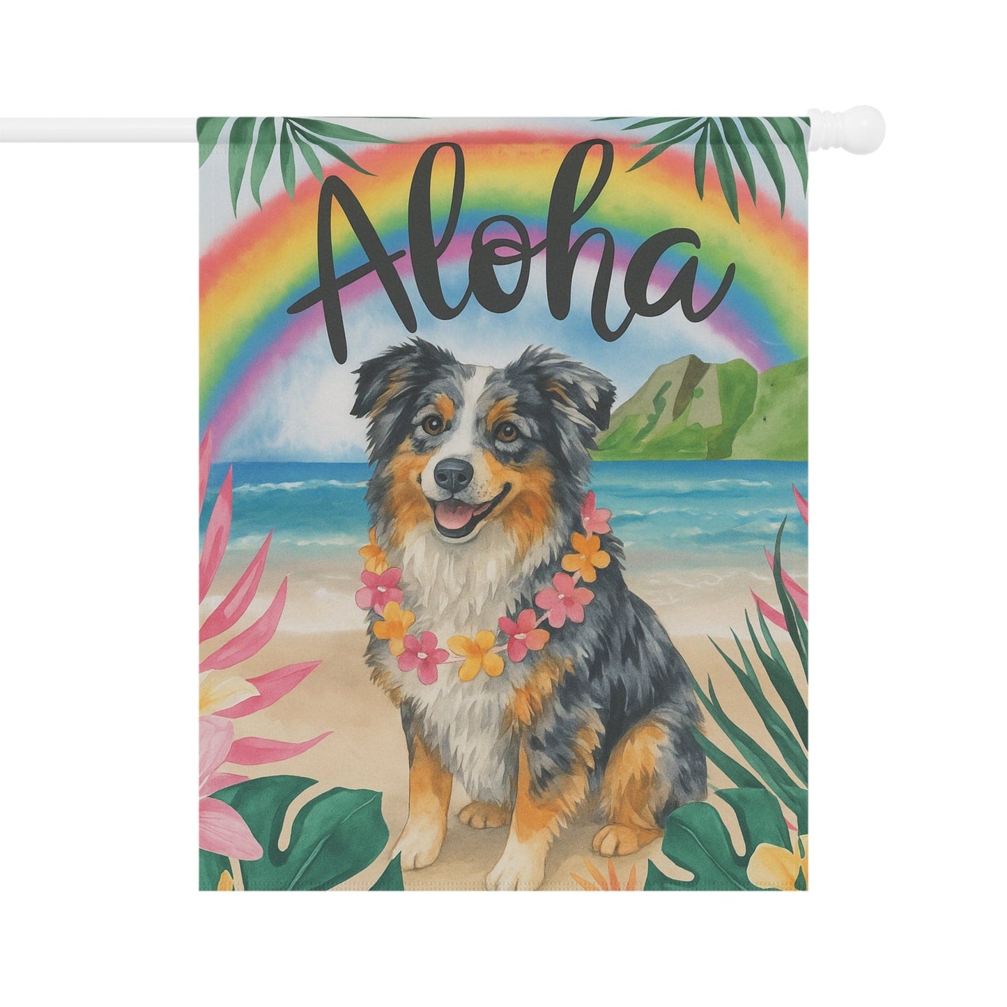 Printify Home Decor 24.5'' × 32'' Garden Flag, Merle Australian Shepherd Aloha Luau Party Decor, Tropical Hawaiian Beach Scene, Gardener Gift