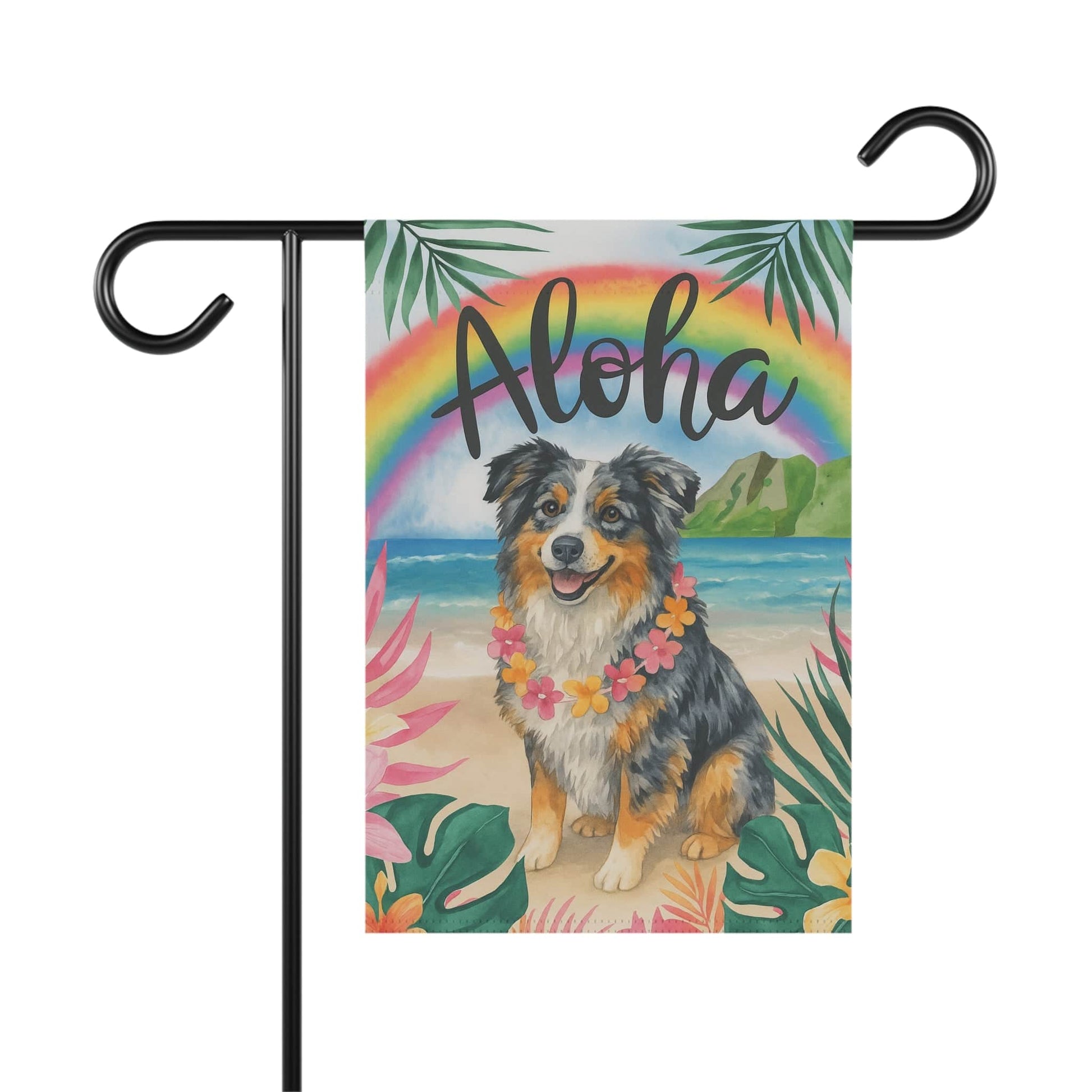 Printify Home Decor 12'' × 18'' Garden Flag, Merle Australian Shepherd Aloha Luau Party Decor, Tropical Hawaiian Beach Scene, Gardener Gift