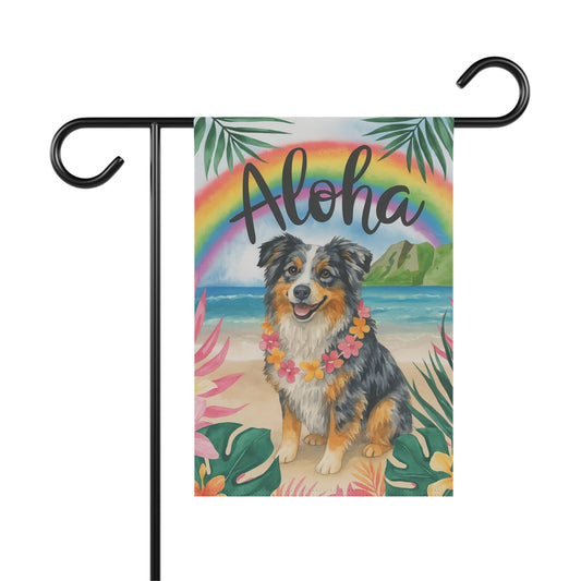 Printify Home Decor 12'' × 18'' Garden Flag, Merle Australian Shepherd Aloha Luau Party Decor, Tropical Hawaiian Beach Scene, Gardener Gift