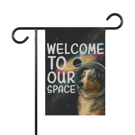 Printify Home Decor 12'' × 18'' Garden Flag, Merle Australian Shepherd Space Lover Banner, Astronaut Decor, Outer Space Decoration