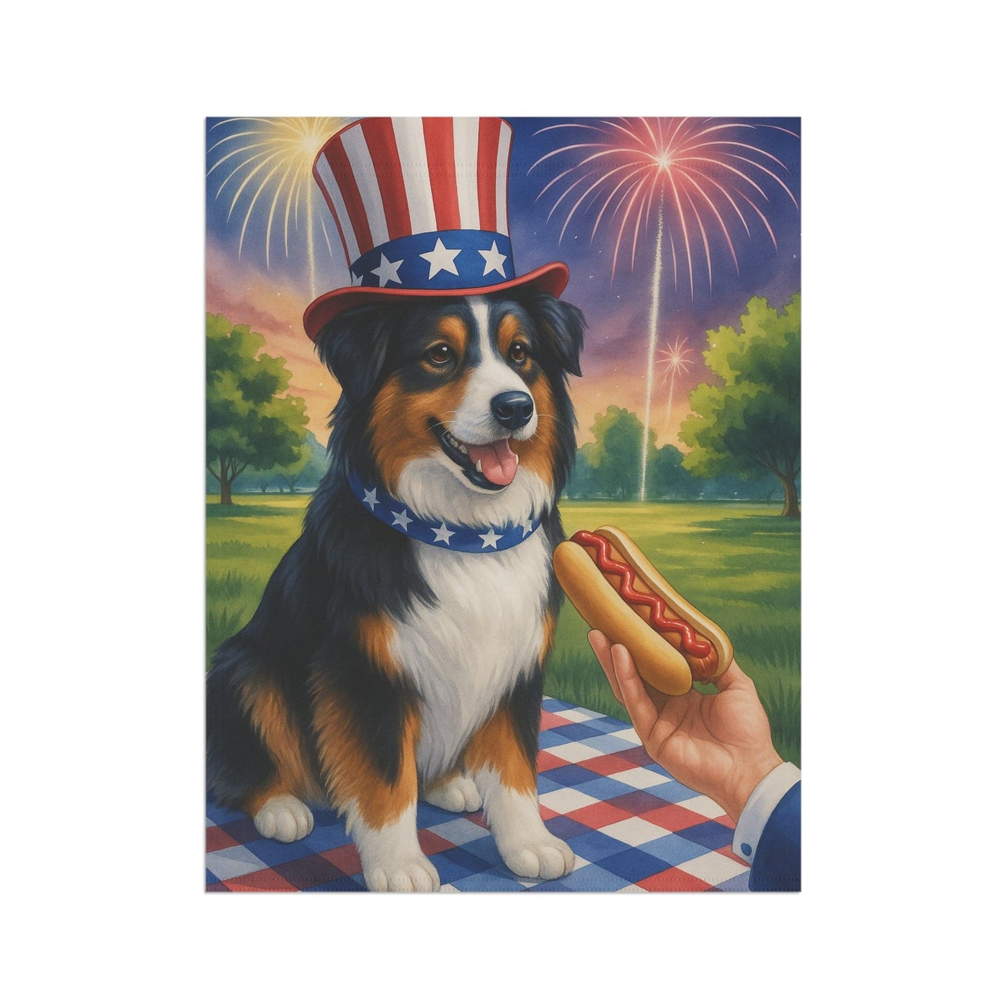 Printify Home Decor Garden Flag, Tricolor Australian Shepherd 4th of July Yard Decor, Hot Dog Independence Day America