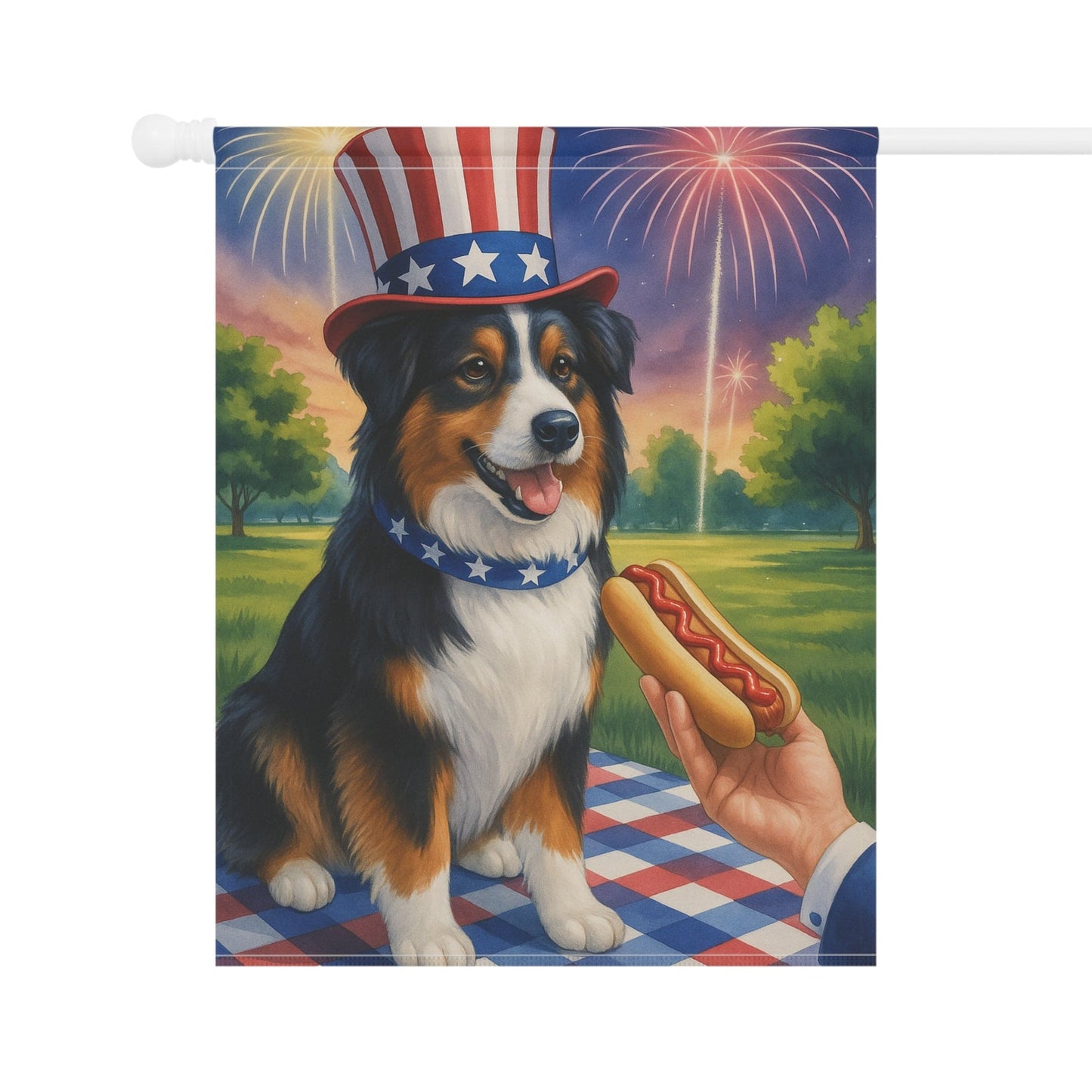 Printify Home Decor Garden Flag, Tricolor Australian Shepherd 4th of July Yard Decor, Hot Dog Independence Day America