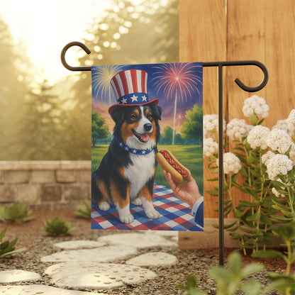 Printify Home Decor Garden Flag, Tricolor Australian Shepherd 4th of July Yard Decor, Hot Dog Independence Day America