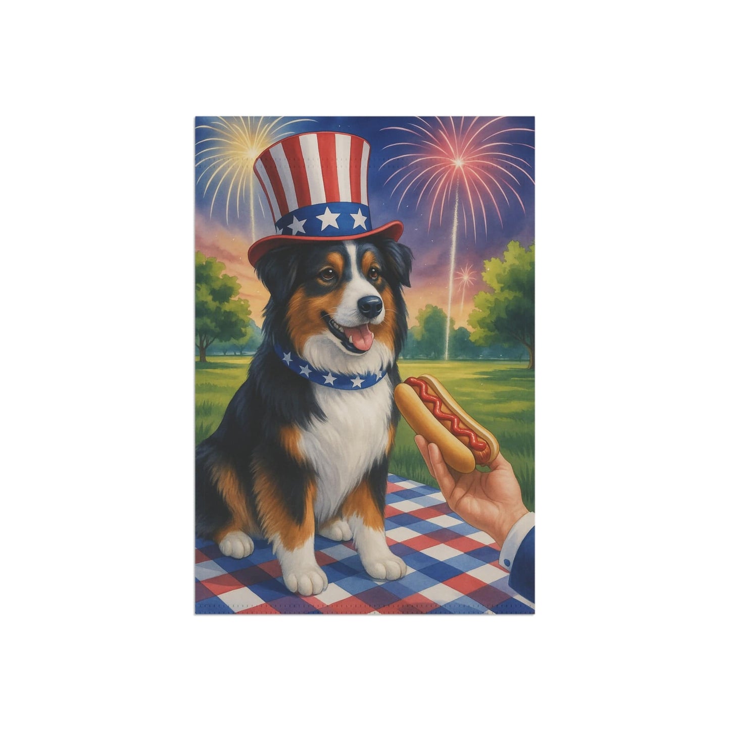 Printify Home Decor Garden Flag, Tricolor Australian Shepherd 4th of July Yard Decor, Hot Dog Independence Day America