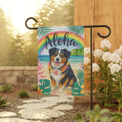 Printify Home Decor Garden Flag, Tricolor Australian Shepherd Dog Aloha Luau Party Decor, Sheltie Tropical Hawaiian Beach Scene