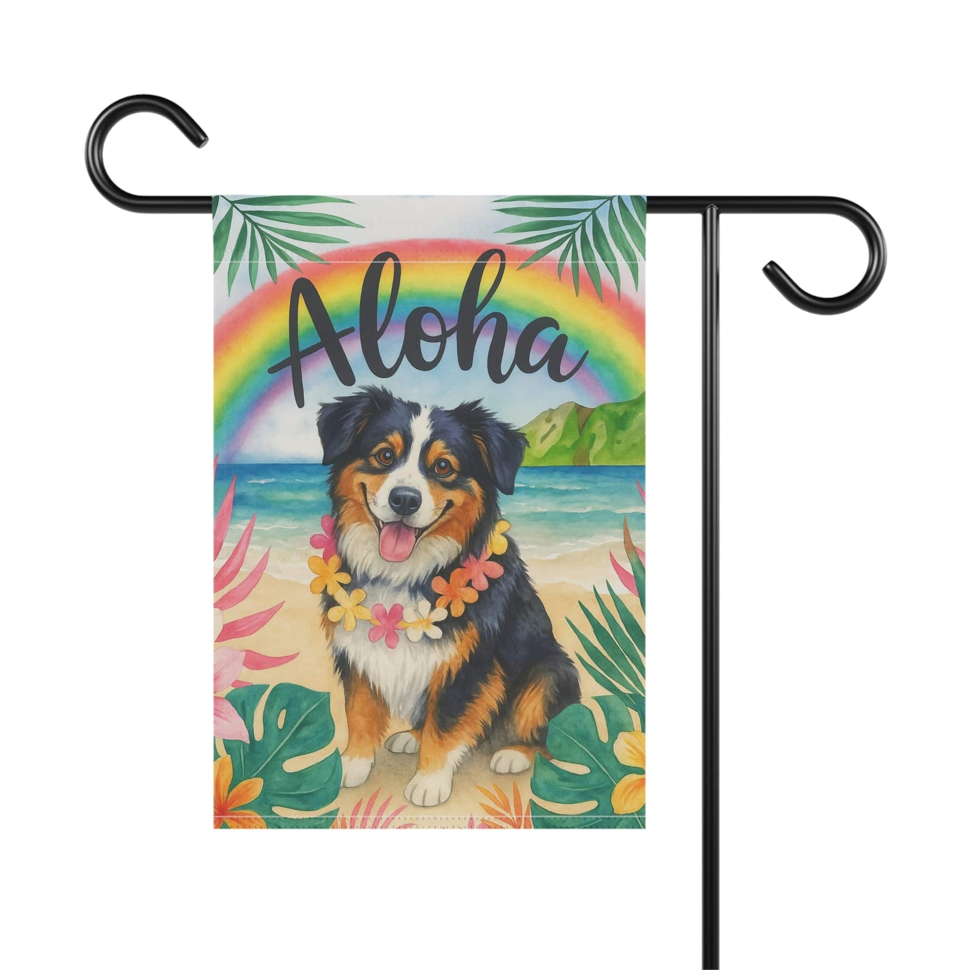 Printify Home Decor Garden Flag, Tricolor Australian Shepherd Dog Aloha Luau Party Decor, Sheltie Tropical Hawaiian Beach Scene