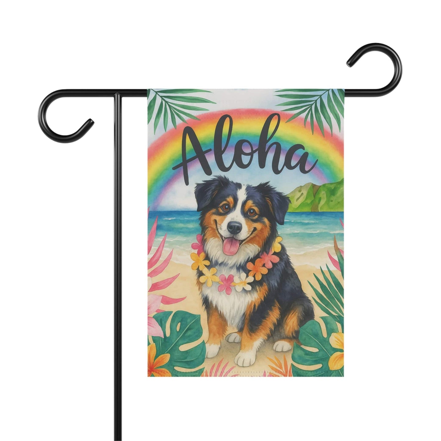 Printify Home Decor 12'' × 18'' Garden Flag, Tricolor Australian Shepherd Dog Aloha Luau Party Decor, Sheltie Tropical Hawaiian Beach Scene
