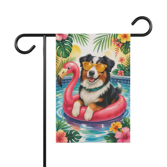 Printify Home Decor 12'' × 18'' Garden Flag, Tricolor Australian Shepherd Dog Yard Decor, Aussie Hello Summer Pool Party
