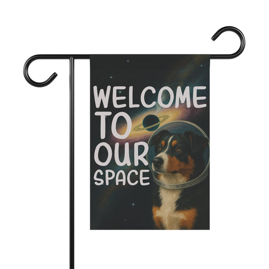 Printify Home Decor 12'' × 18'' Garden Flag, Tricolor Australian Shepherd Space Lover Banner, Astronaut Decor, Outer Space Decoration