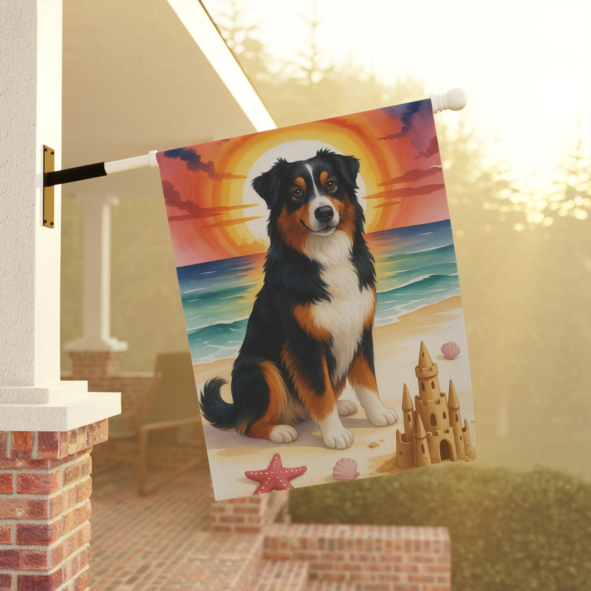 Printify Home Decor Garden Summer Flag, Tricolor Australian Shepherd Nautical Decor, House Banner Beach Yard Art