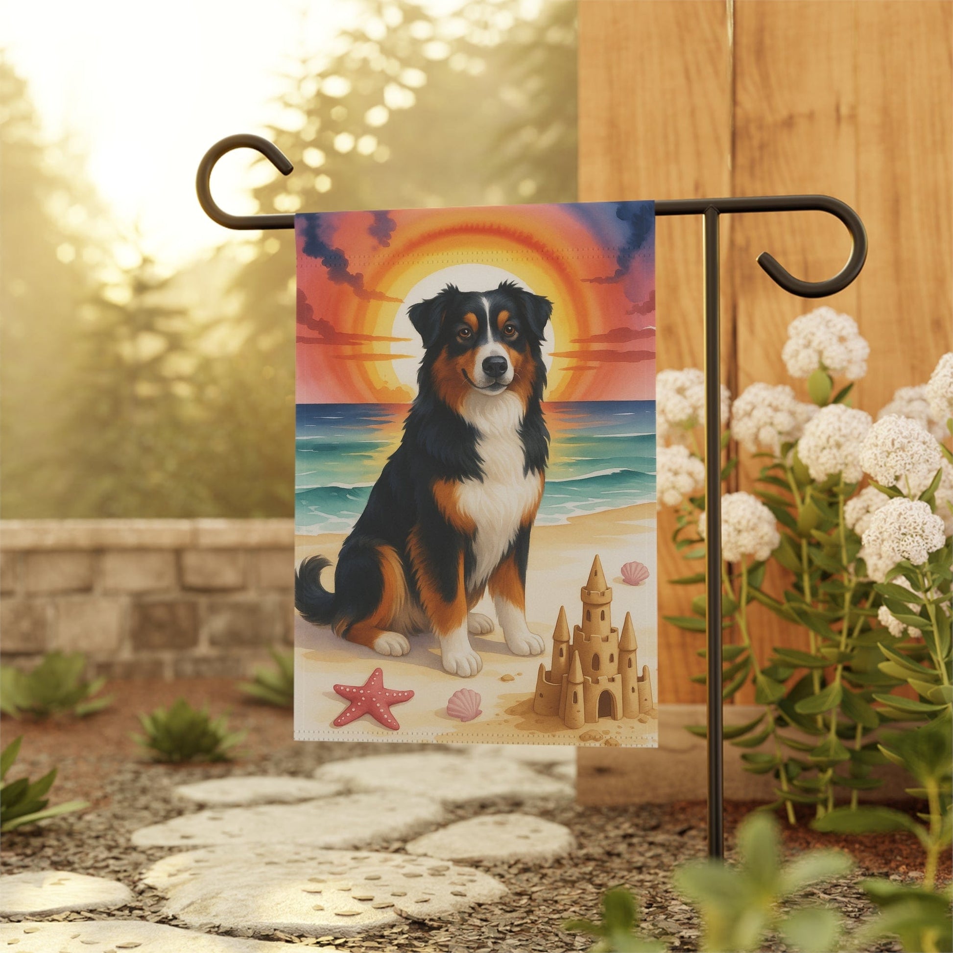 Printify Home Decor Garden Summer Flag, Tricolor Australian Shepherd Nautical Decor, House Banner Beach Yard Art