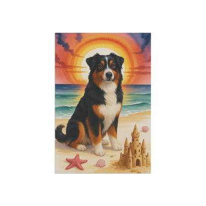 Printify Home Decor Garden Summer Flag, Tricolor Australian Shepherd Nautical Decor, House Banner Beach Yard Art