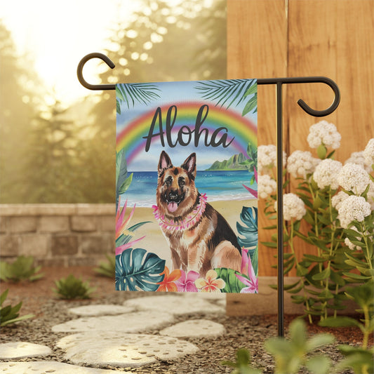 German Shepherd Hawaii Garden Flag, Aloha Luau Party Decor, Tropical Hawaiian Beach, Housewarming Gardener Gift