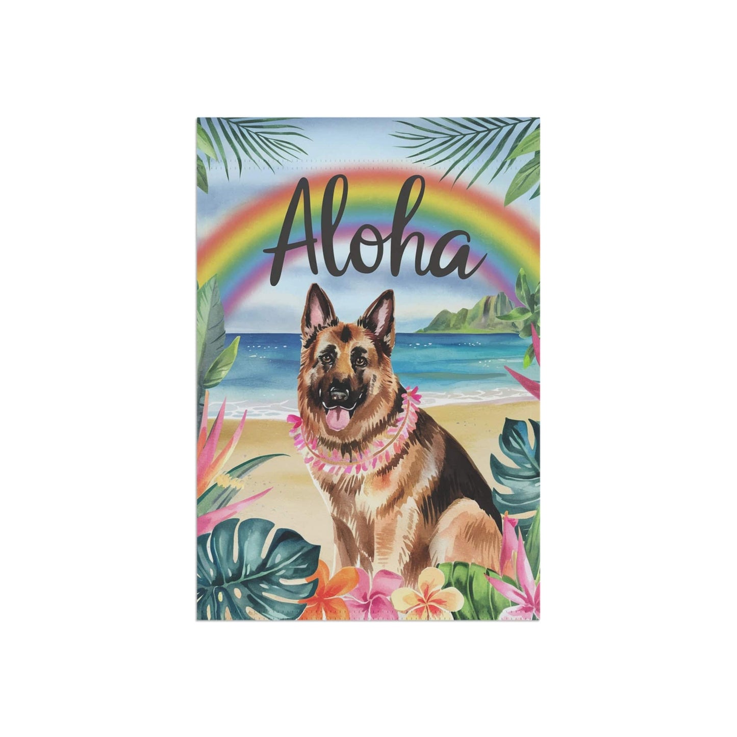 Printify Home Decor German Shepherd Hawaii Garden Flag, Aloha Luau Party Decor, Tropical Hawaiian Beach, Housewarming Gardener Gift