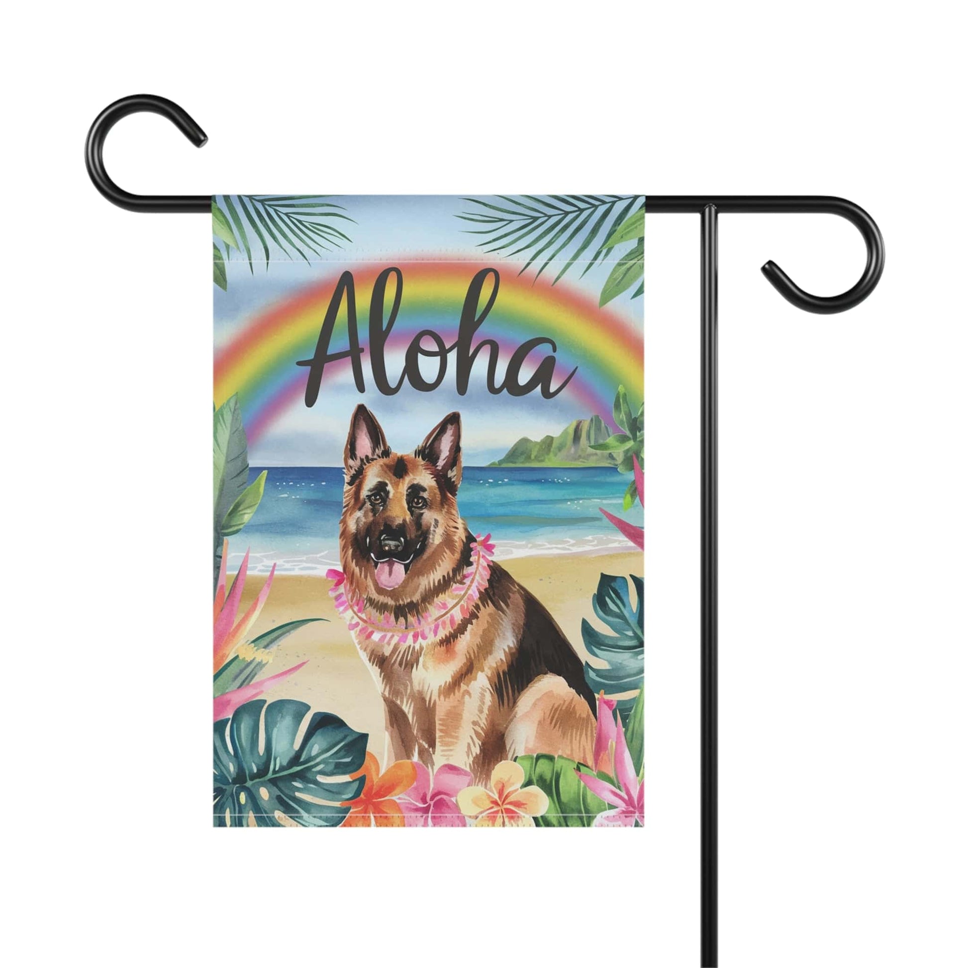 Printify Home Decor German Shepherd Hawaii Garden Flag, Aloha Luau Party Decor, Tropical Hawaiian Beach, Housewarming Gardener Gift