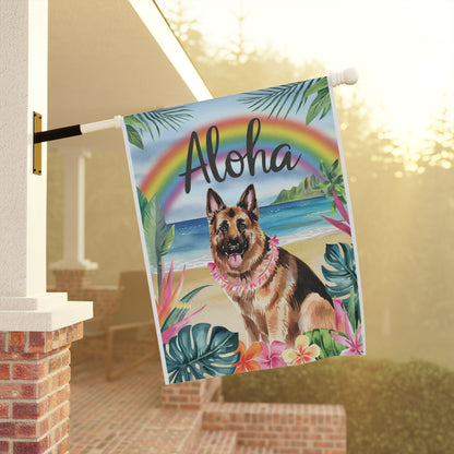 Printify Home Decor German Shepherd Hawaii Garden Flag, Aloha Luau Party Decor, Tropical Hawaiian Beach, Housewarming Gardener Gift