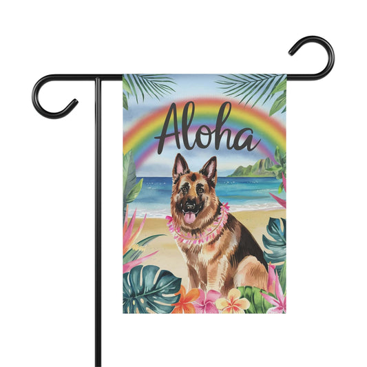 Printify Home Decor 12'' × 18'' German Shepherd Hawaii Garden Flag, Aloha Luau Party Decor, Tropical Hawaiian Beach, Housewarming Gardener Gift