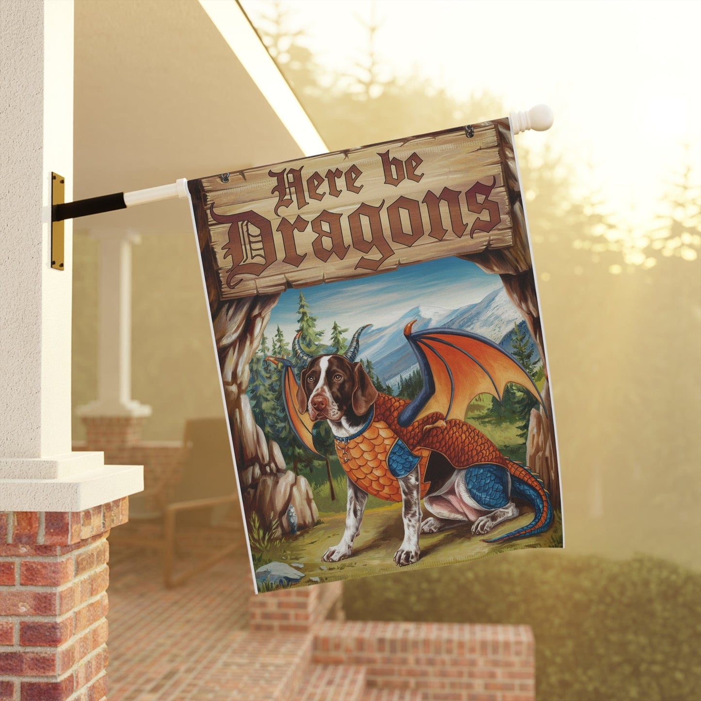 Printify Home Decor German Shorthaired Pointer Dog Dragon Garden Flag, Pet Yard Spring Decor, Housewarming Halloween