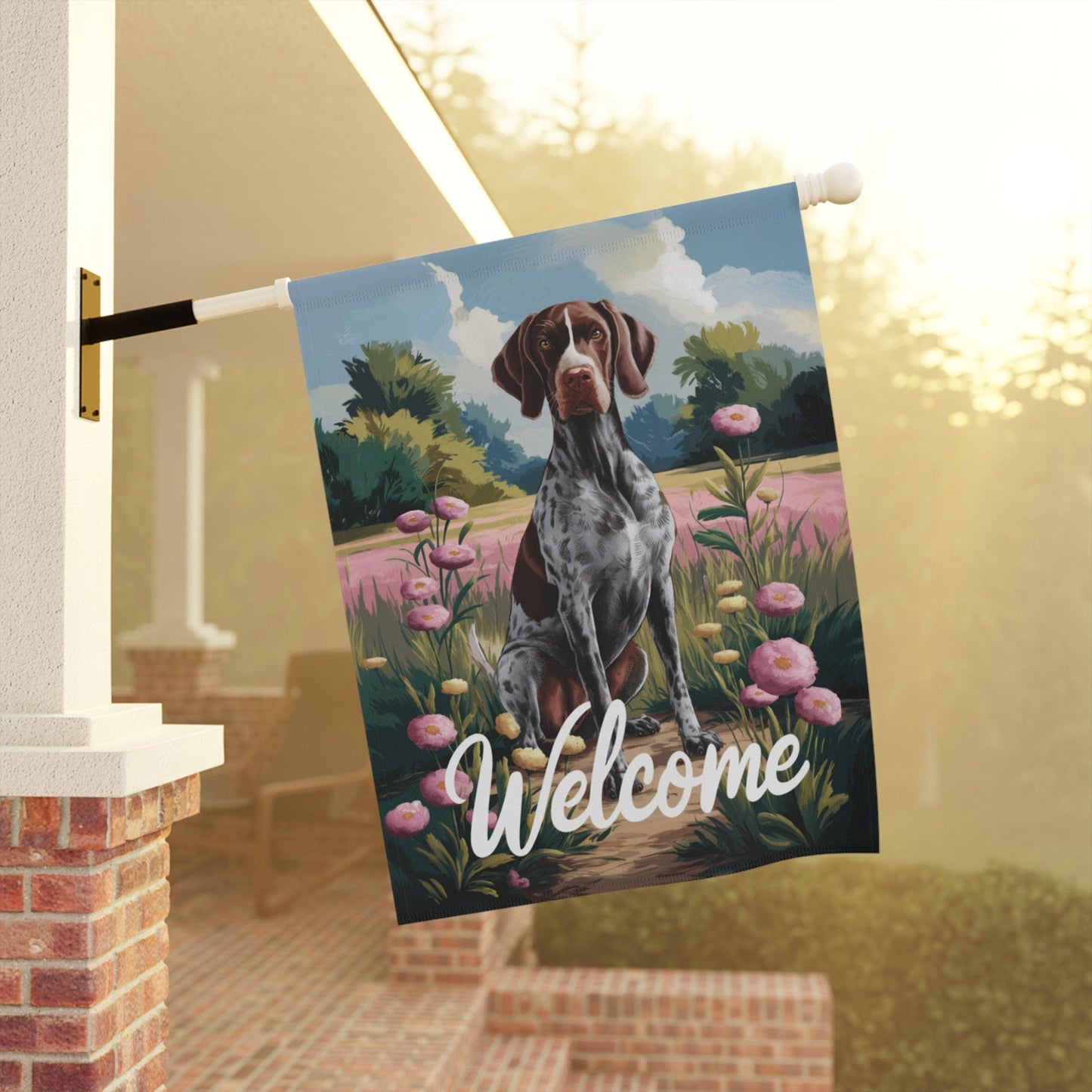 Printify Home Decor German Shorthaired Pointer Garden Flag, Welcome Yard Decor, Front Yard Dog Sign