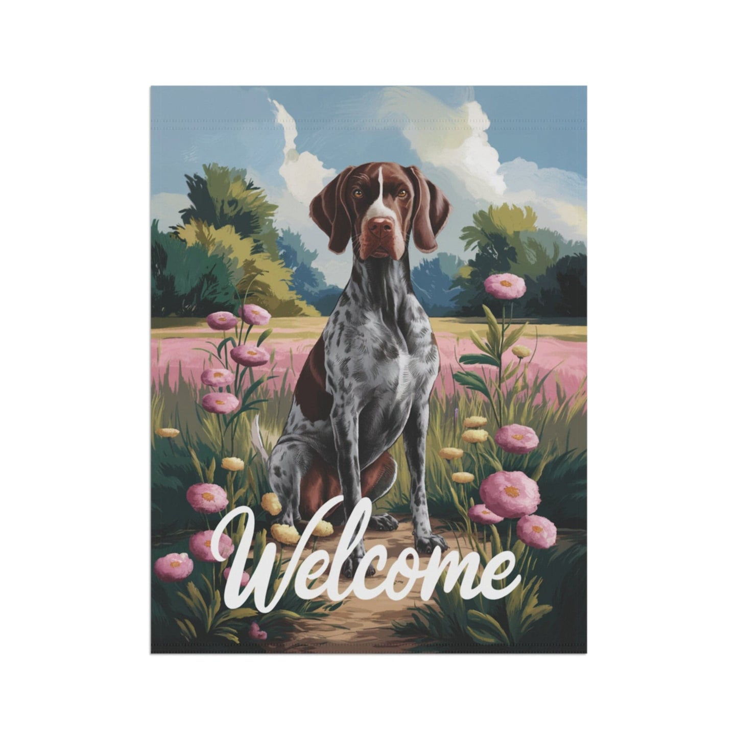Printify Home Decor German Shorthaired Pointer Garden Flag, Welcome Yard Decor, Front Yard Dog Sign
