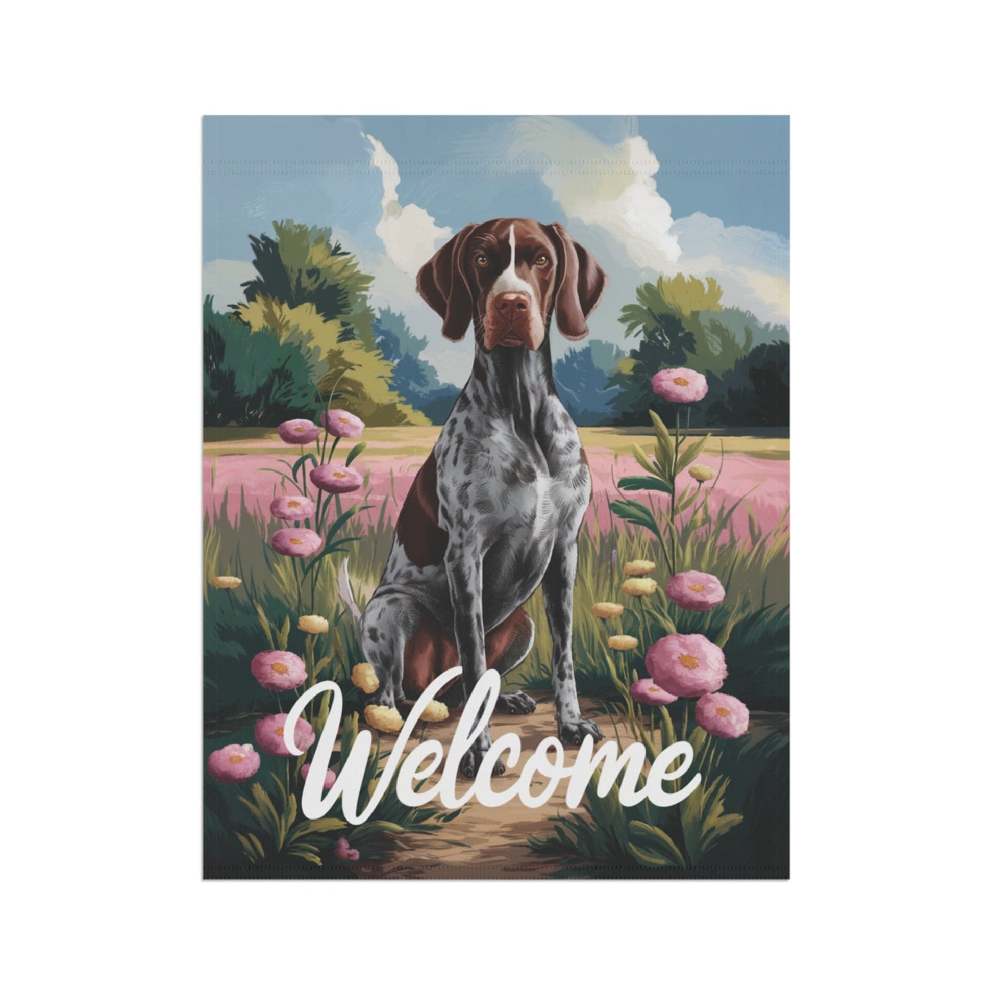 Printify Home Decor German Shorthaired Pointer Garden Flag, Welcome Yard Decor, Front Yard Dog Sign