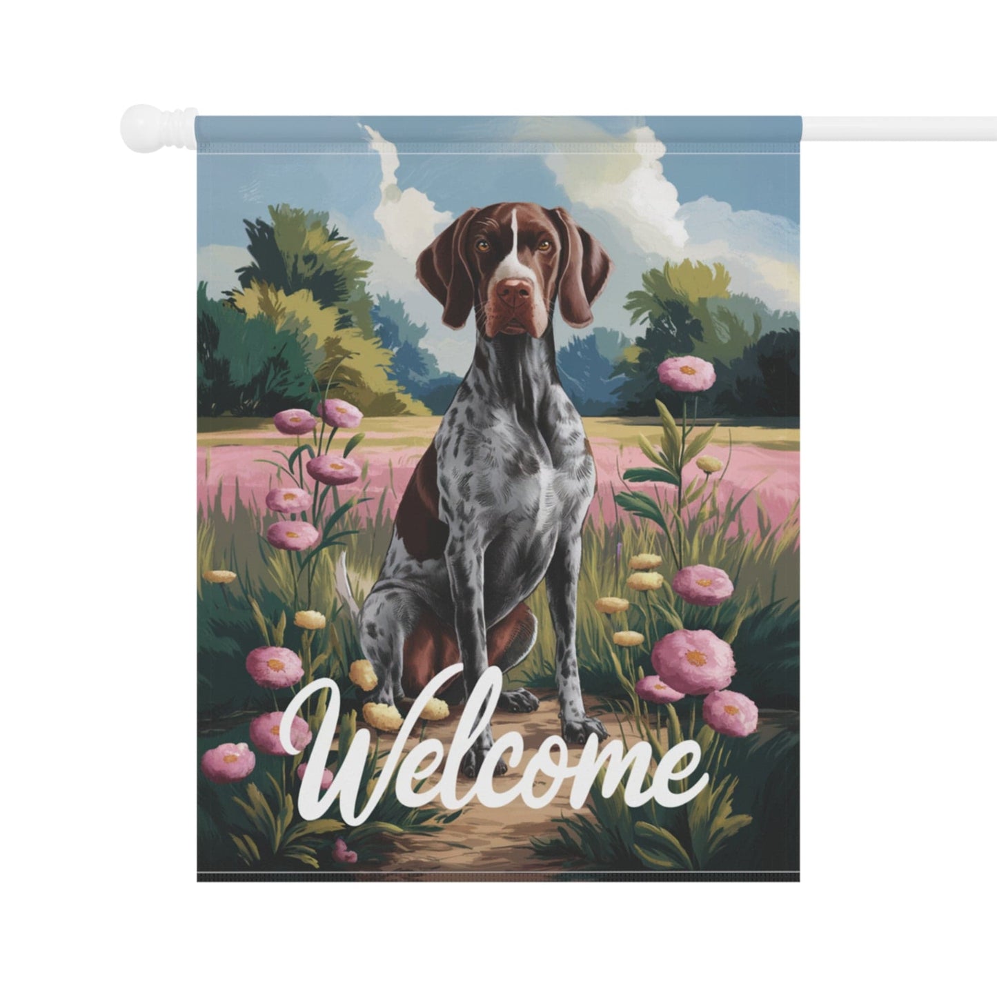 Printify Home Decor German Shorthaired Pointer Garden Flag, Welcome Yard Decor, Front Yard Dog Sign