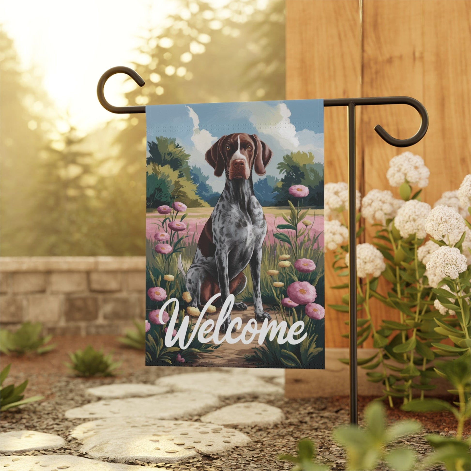 Printify Home Decor German Shorthaired Pointer Garden Flag, Welcome Yard Decor, Front Yard Dog Sign