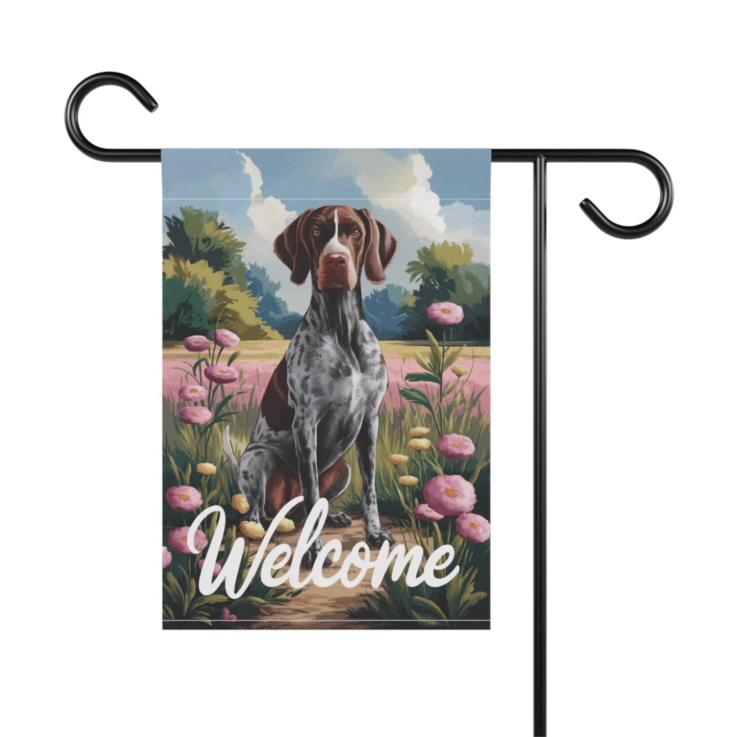 Printify Home Decor German Shorthaired Pointer Garden Flag, Welcome Yard Decor, Front Yard Dog Sign