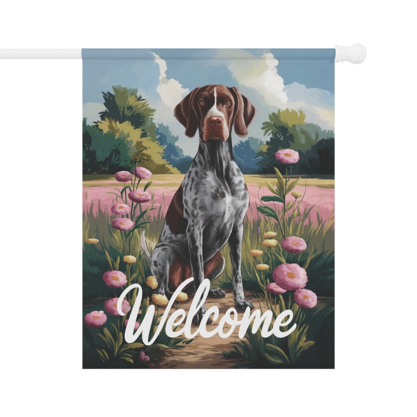 Printify Home Decor 24.5'' × 32'' German Shorthaired Pointer Garden Flag, Welcome Yard Decor, Front Yard Dog Sign